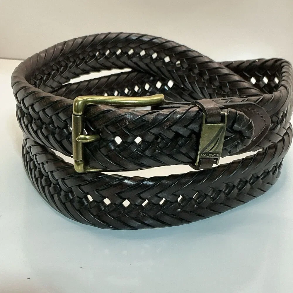 Vintage Nautica Belt Braided/Woven Brown Leather Solid Brass Buckle Size 40